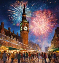 New Year's Countdown: A clock striking midnight, capturing the excitement and anticipation as...
