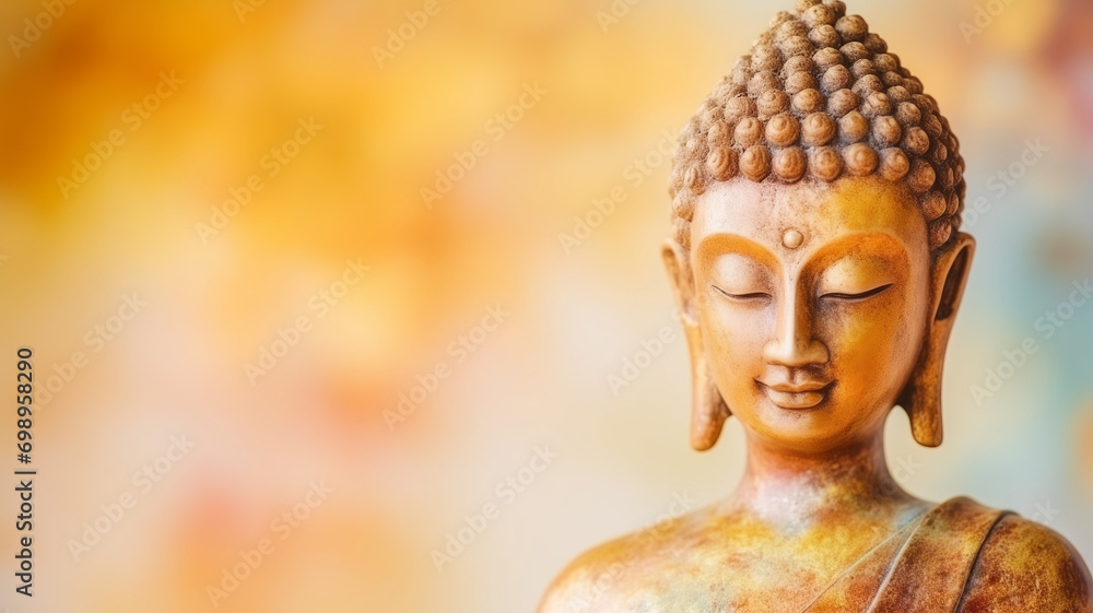 Wall mural buddha statue meditate on harmony background with light bokeh. banner vesak day