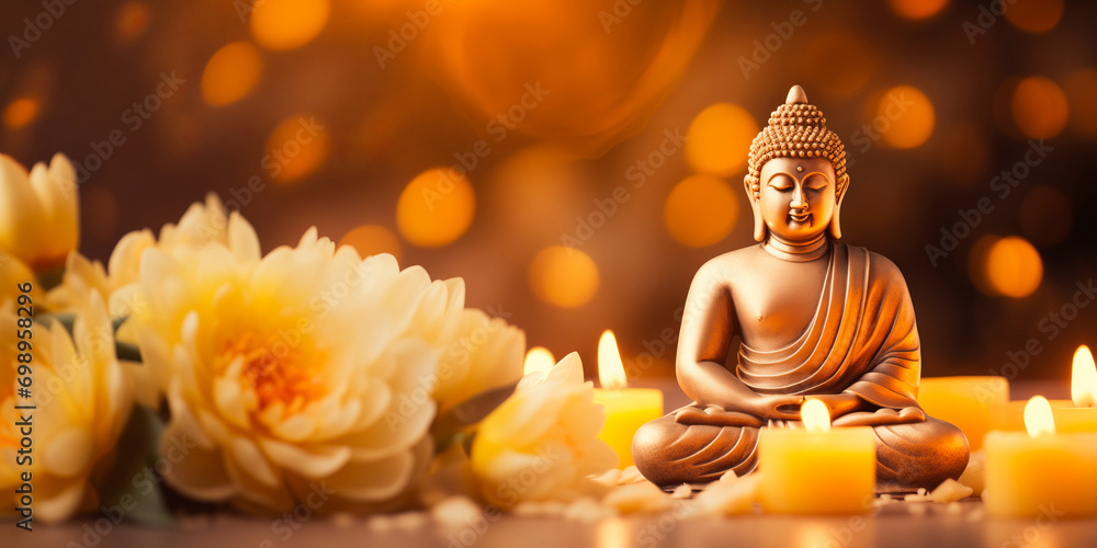 Wall mural buddha statue meditate with golden aura on yellow lotus background with light bokeh. banner vesak da