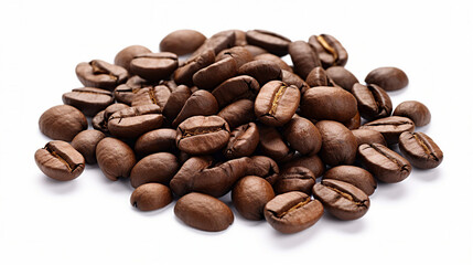 Close-up of Freshly Roasted Coffee Beans on White Background, Aromatic Dark Roast for Morning Boost and Gourmet Delight