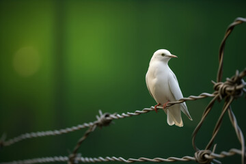White dove of freedom on Pakistan flag background and barbed wire, concept Kashmir Solidarity Day 5th Feb - obrazy, fototapety, plakaty