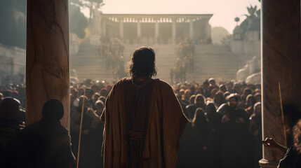 Rear view Jesus preaches to people on streets of Rome. Concept of spread of Christianity