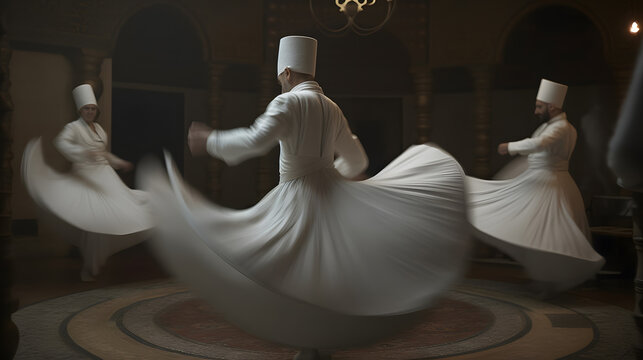 Sufi Dervish Whirling Silhouette in white dress, Turkey. Generation AI.