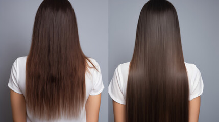 Hair before and after treatment, sick, cut and healthy hair.