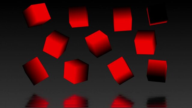 Red cubes floating and rotating over a reflective surface surface. Abstract 3d animation with simple geometric shape.
