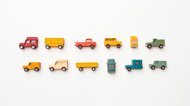 Different truck toy shapes, laid out on a white background