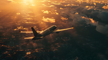 Beautiful photo of airplane on sunset symbolizing freedom of movement. Concept of air transportation