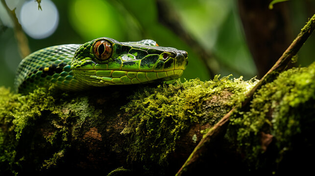 Leptophis ahaetulla parrot snake lora hiding and hanging on tree, AI Generative.
