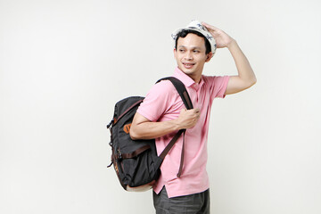 Asian man backpacker portrait. digital nomad and travelling concept. on isolated background
