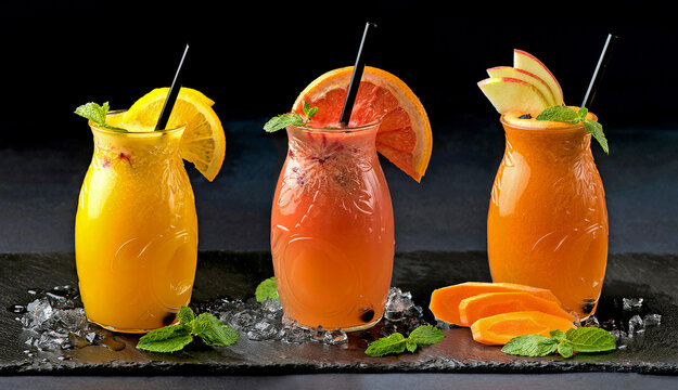 Glass jars with freshly squeezed juice. Apple, carrot, orange and grapefruit juice on a black background