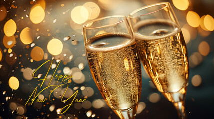 Happy New Year celebration with Champagne glasses and bokeh lights background.