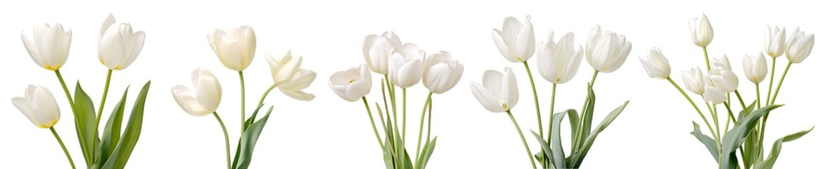 Very close-up view of white tulips with detailed like flower stalk, pistil, pollen texture, isolated white background... - obrazy, fototapety, plakaty
