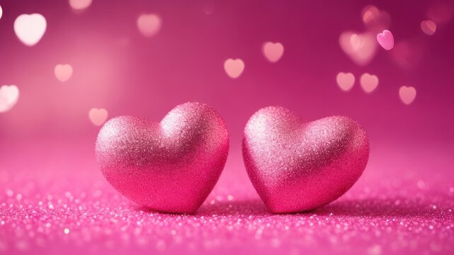 Valentine's Day background with two hearts on a pink glitter surface, Valentine background, Valentine wallpaper