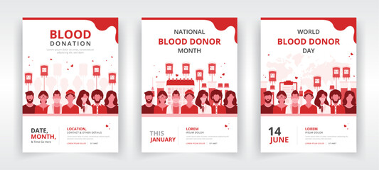 Poster, flyer, or report cover templates for national blood donor month, world blood donor day or any other blood donation program