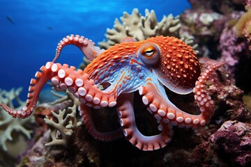 Octopus on the bottom of the sea. Close-up.