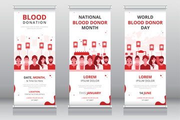Roll up or retractable banner, standee, X-banner templates for national blood donor month, world blood donor day or any other blood donation program - obrazy, fototapety, plakaty