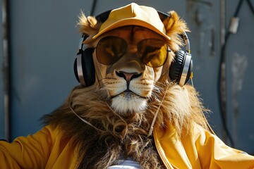 Hipster lion with headphones and cap - obrazy, fototapety, plakaty