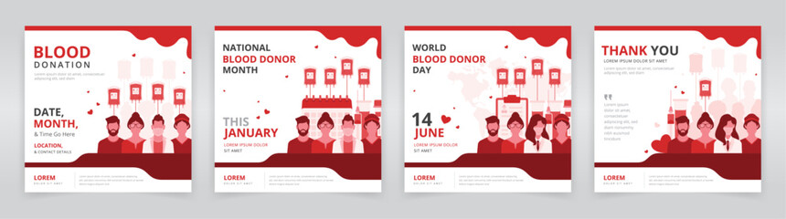 Social media post templates for national blood donor month, world blood donor day or any other blood donation program - obrazy, fototapety, plakaty
