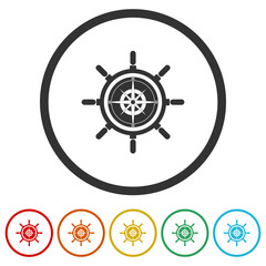 Ship wheel logo design concept. Set icons in color circle buttons