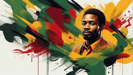 Black History Month illustration concept with African man in a red yellow green black abstract colors background from Generative AI