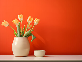 Tulips on a pot of water and a table in front of an orange wall