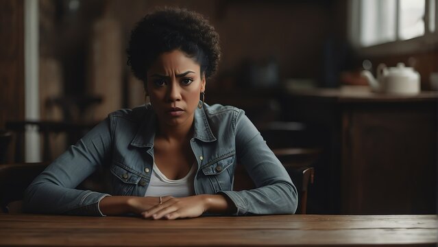 Angry Frustrated Black Young Woman Sitting In Front Of A Wooden Table From Generative AI