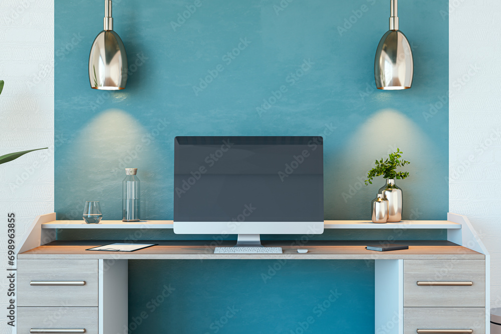 Wall mural close up of modern home office workplace with computer monitor and reflections. 3d rendering.