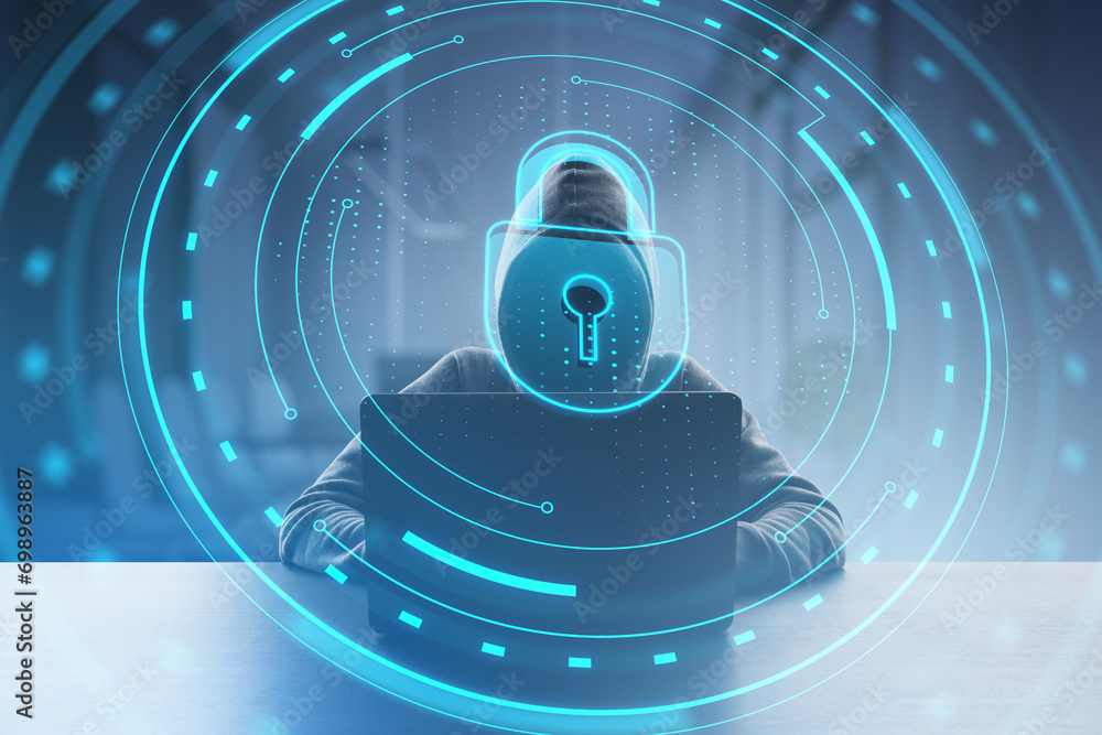 Fototapete hacker at desk using laptop with creative round digital padlock interface on blurry background. safe
