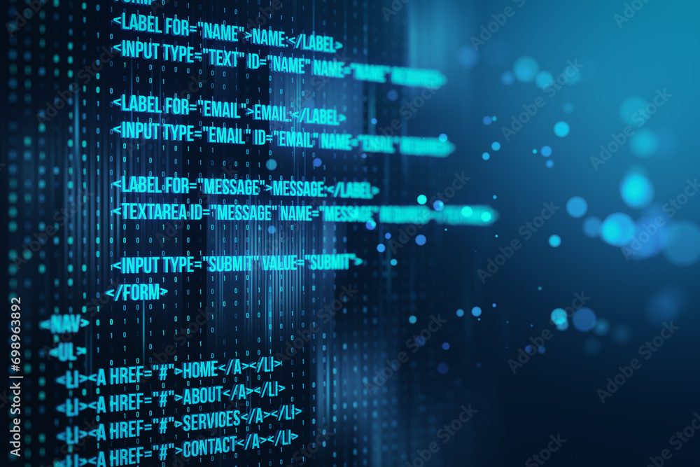Fototapete Creative blurry bokeh coding language background. IT and landing page concept. 3D Rendering.