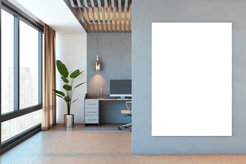 Modern home office interior with empty white mock up poster. 3D Rendering.