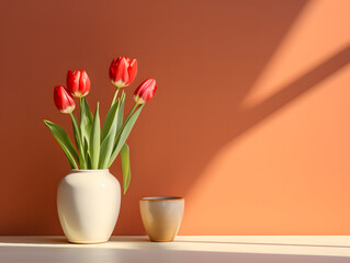 Tulips on a pot of water and a table in front of an orange wall