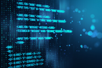 Creative blurry bokeh coding language background. IT and landing page concept. 3D Rendering.
