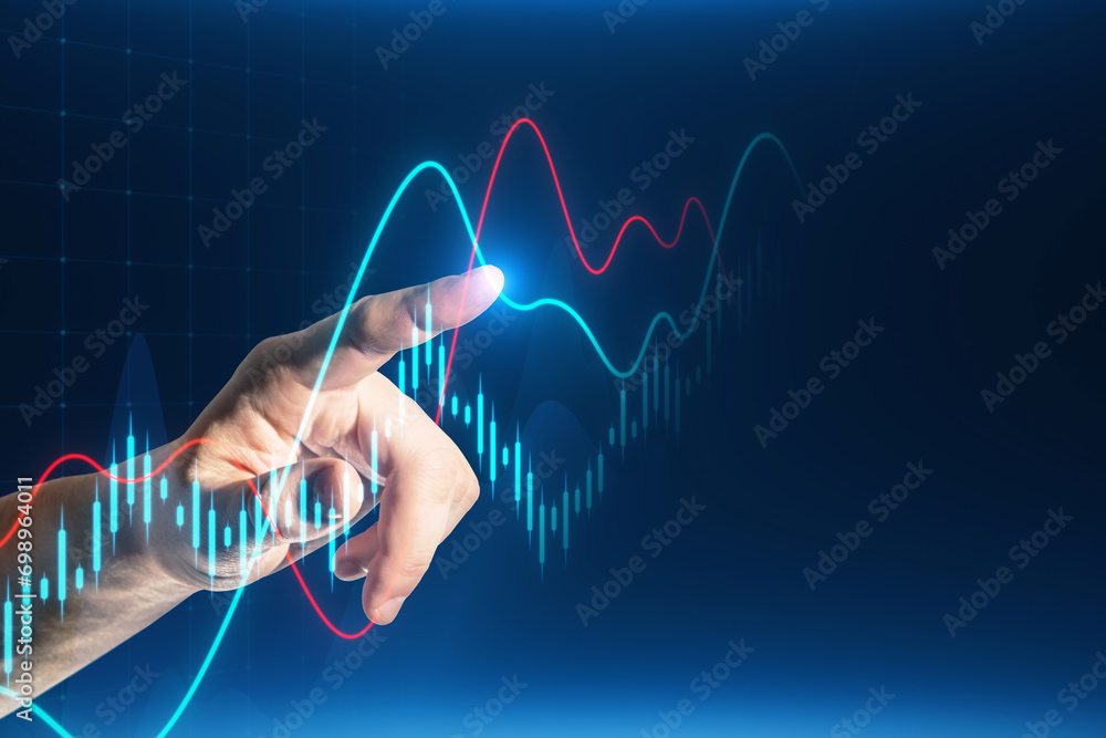 Poster close up of male hand pointing at creative business graph growth on grid background. financial succe