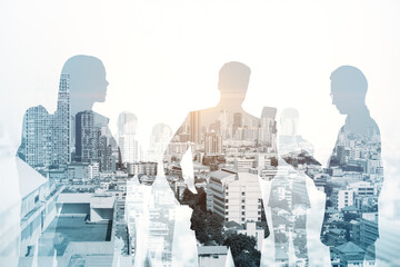 Creative city skyline with businesspeople silhouettes on light backdrop. Teamwork, partnership and...