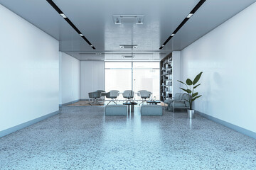 Modern meeting room interior with window and city view, waiting area. 3D Rendering.