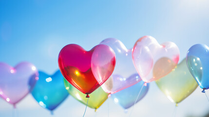 many colorful balloons in the shape of hearts rising up against the background of a beautiful blue sky on a bright sunny day,