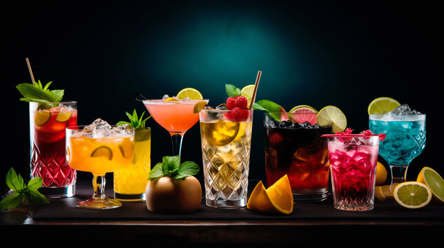 Set and collection of classic alcohol cocktails or mocktail on dark black background with fresh summer fruits