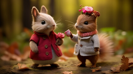 Cute & Beautiful Needle Felt Proposal Day for Chipmunks - obrazy, fototapety, plakaty
