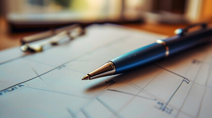 Metal pen on a paper desk calendar. The calendar is used to remember and mark important events in life.