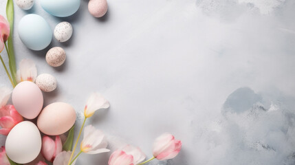 A modern abstract grey background showcasing a collection of Easter eggs and tulips in a contemporary spring arrangement. - obrazy, fototapety, plakaty