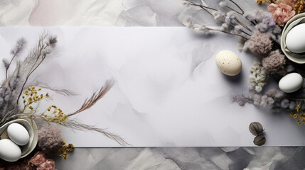 Stylish Easter table setting featuring eggs, dried flowers, and soft textures on a neutral background.