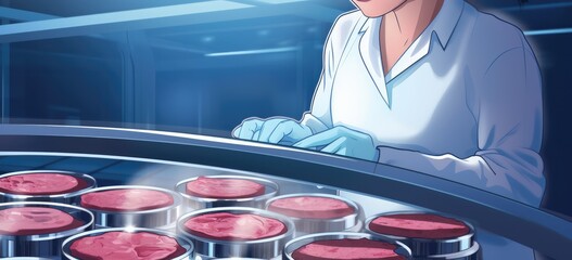 Lab technician cultivating lab-grown meat in a sterile environment. High-quality illustration for scientific and agricultural themes.