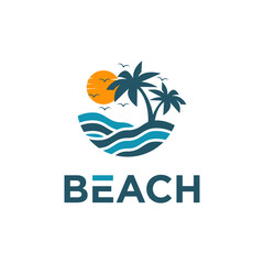 beach logo design illustration palm trees, sunset, and flying bird
