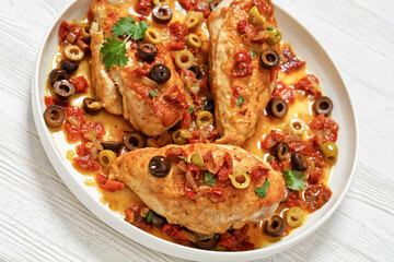 chicken breasts with vegetables, olives, top view