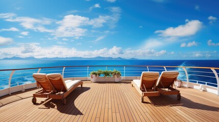 Deck of a cruise liner, offering a picturesque view of rows of comfortable lounge chairs against a vivid blue sky