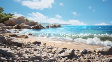 Fototapeta na wymiar Sunny beach scene with waves crashing on shore. Summer vacation and travel.