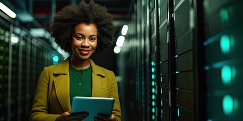 A Black woman software engineer with a natural afro in front of a server rack programming on an ipad copy space - obrazy, fototapety, plakaty