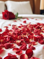 Rose on the bed in the hotel rooms. Rose and her petals on the bed for a romantic evening, red rose and candle