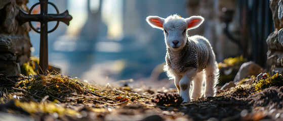 Cute lamb in a meadow with a cross in the background. Funny easter concept holiday animal greeting card.