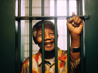 Nelson Mandela's expression radiates hope and resilience after his long incarceration, symbolizing freedom and triumph. - obrazy, fototapety, plakaty